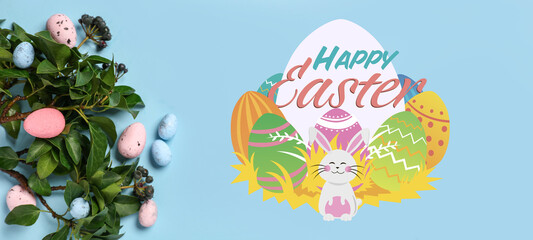 Easter eggs with green branches on blue background