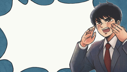 劇画コミック風・大声で応援する派遣社員の吹き出しバナー