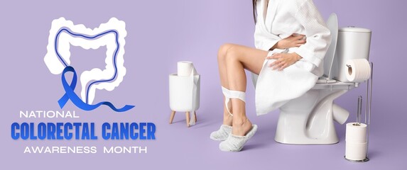 Awareness banner for National Colorectal Cancer Awareness Month with suffering woman on toilet bowl
