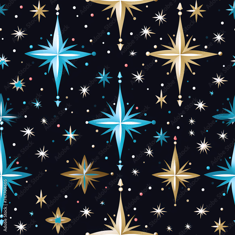 Wall mural seamless pattern with snowflake stars on dark background. festive decor for fabric and textile decor