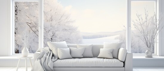 A white couch sits in a bright living room, illuminated by a large window showcasing a white landscape. The minimalist Scandinavian interior design is evident in the clean lines and neutral colors.