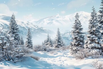 Fototapeta na wymiar Temperate Boreal forest, taiga, winter ,snow forest on the mountain scene of hill, Pine forest, fog, layers of hills, biome taiga landscape of Featured plants ,Fir, Spruce, hemlock, latch,Wide angle