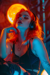 A red-haired woman with headphones posing at night with a sunset