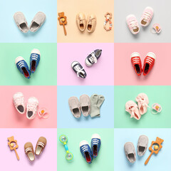 Collage of different stylish baby shoes with accessories on color background, top view