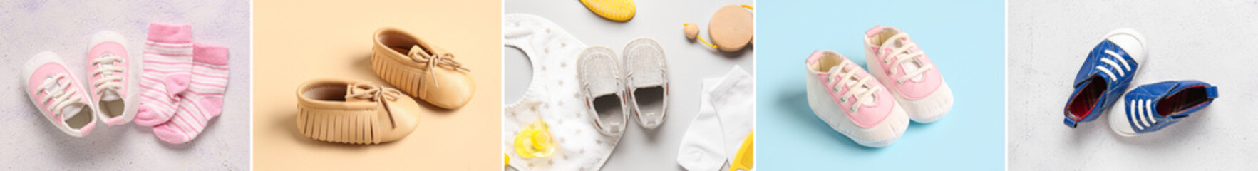 Collage of different stylish baby shoes with accessories on color background - obrazy, fototapety, plakaty
