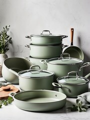  sage green cookware on a white background