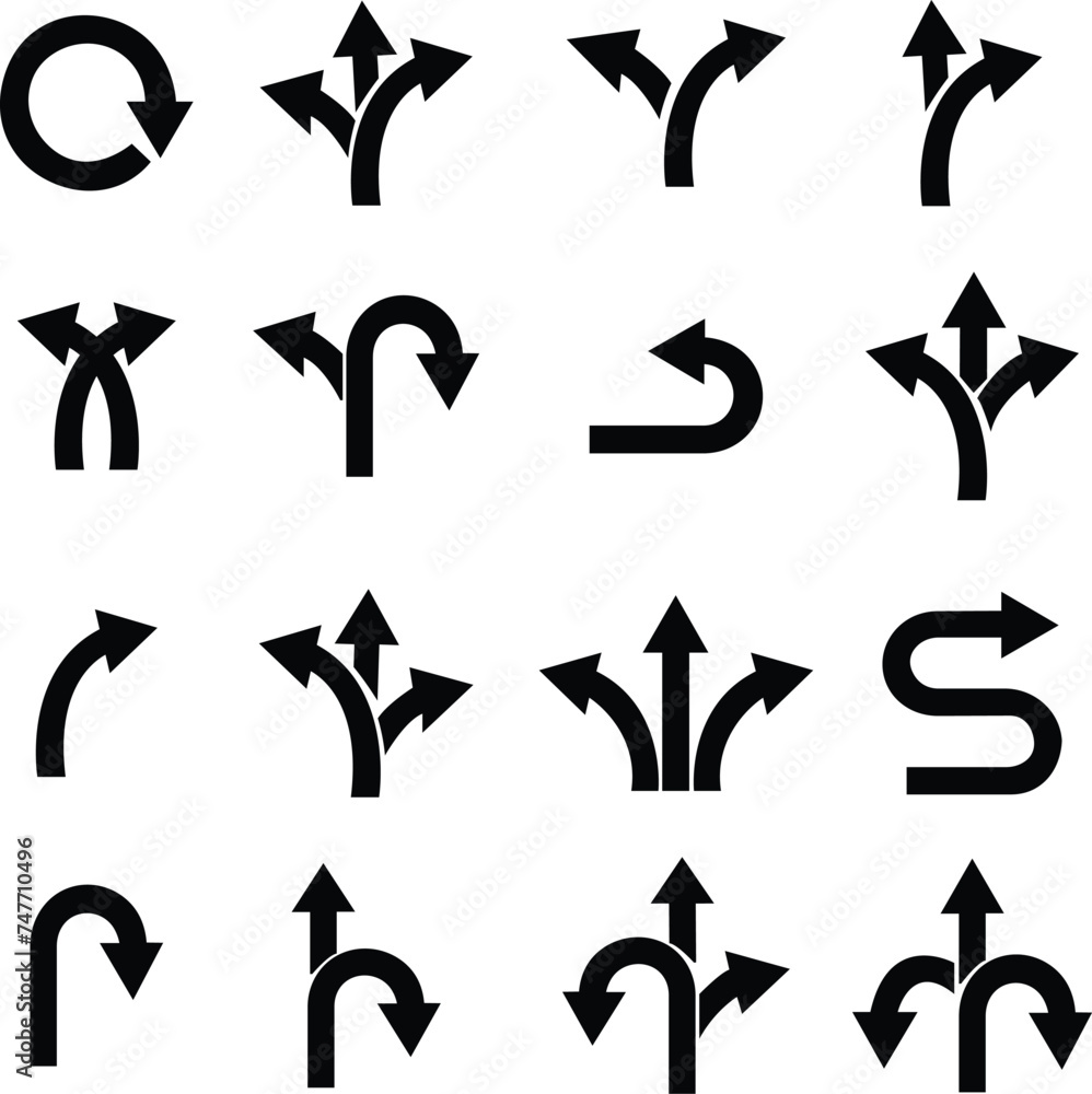 Poster set of road traffic direction arrow way icons in fill styles. choice, option, pathway, opportunity. 