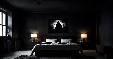 The eerie glow of table lamps casts shadows in a bedroom that features a ghostly figure in the wall art. The room's dark palette adds to the haunting yet intriguing ambiance of the space.