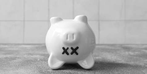 Piggy bank with closed eyes  on grunge table near white tile background. Concept of bankruptcy