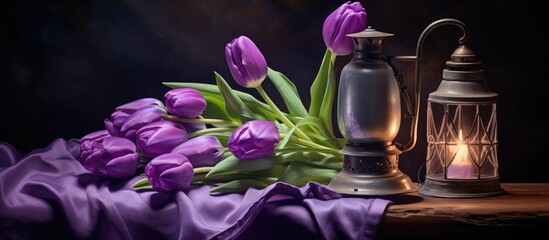 Obraz na płótnie Canvas A composition featuring purple tulips in a vase and a lantern, creating a tranquil scene.