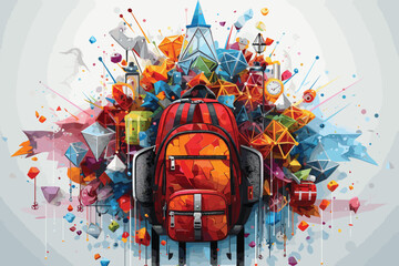 Back to school illustration in vector pop art style. Bright multi-coloured abstract template for t-shirts, stickers, etc. Backpack and other school supplies