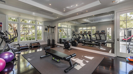 Fototapeta na wymiar Interior of a fitness room with sport equipment and a gym equipment
