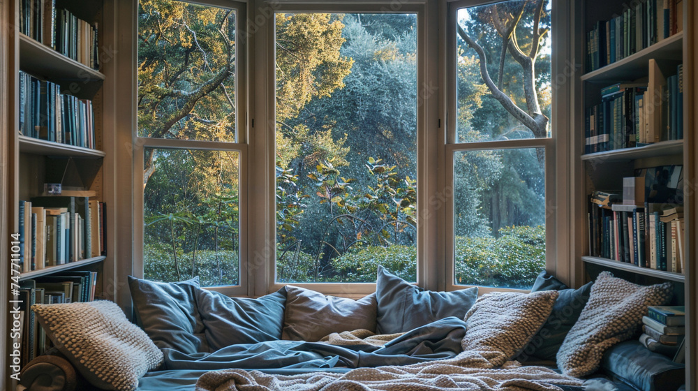 Poster sleeping in a cozy room with a bookcase and a window, bookshelf with pillows and plaids in front of 