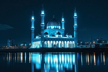 Glowing mosque with night background, copy space - generative ai