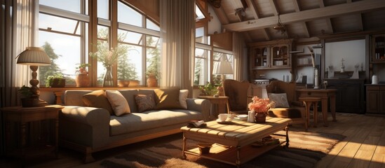 The living room is filled with various pieces of furniture, including a sofa, coffee table, and armchairs. The large windows allow natural light to brighten the room,