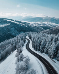 Aerial view of winding road in mountains with snow