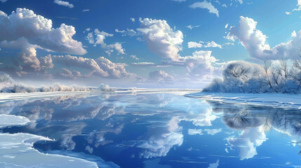 Winter landscape with frozen lake and blue sky with clouds. 3d render