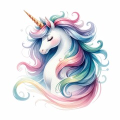 Magical unicorn with flowing mane and sparkling horn.  watercolor illustration, Watercolor fantasy unicorn clip art. isolated on a white background. For print, design, poster, sticker, card.