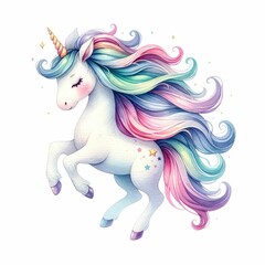 Magical unicorn with flowing mane and sparkling horn.  watercolor illustration, Watercolor fantasy unicorn clip art. isolated on a white background. For print, design, poster, sticker, card.