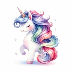 Magical unicorn with flowing mane and sparkling horn.  watercolor illustration, Watercolor fantasy unicorn clip art. isolated on a white background. For print, design, poster, sticker, card.