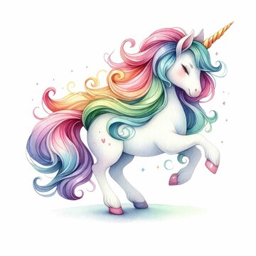 Magical unicorn with flowing mane and sparkling horn.  watercolor illustration, Watercolor fantasy unicorn clip art. isolated on a white background. For print, design, poster, sticker, card.
