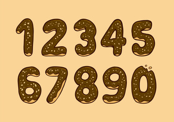 Doughnut or donut with chocolate glaze and nut topping set number typography text illustration from 0 to 9