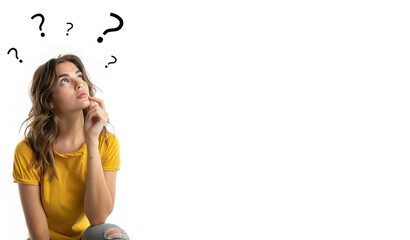 Fototapeta premium Young Woman with a Questioning Expression. Worried, Thoughtful Expression. Thoughtful pose. Isolated over White Background with Copy Space.