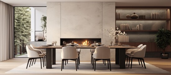A dining room in a modern apartment is elegantly furnished with a table and chairs situated by a fireplace. A chandelier hangs above the table, adding a touch of sophistication to the room.