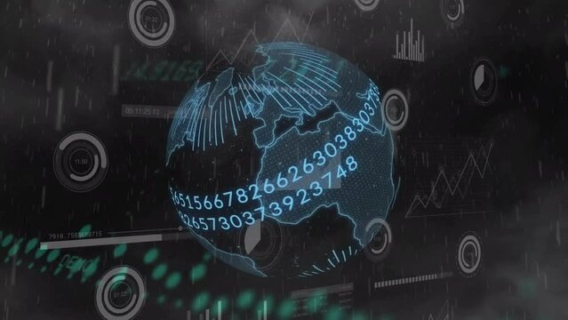 Animation of financial data processing over binary coding with globe