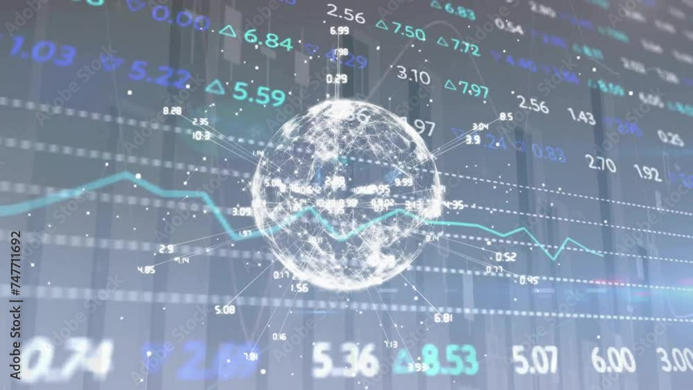 Aufkleber animation of financial data processing over network of connections with globe