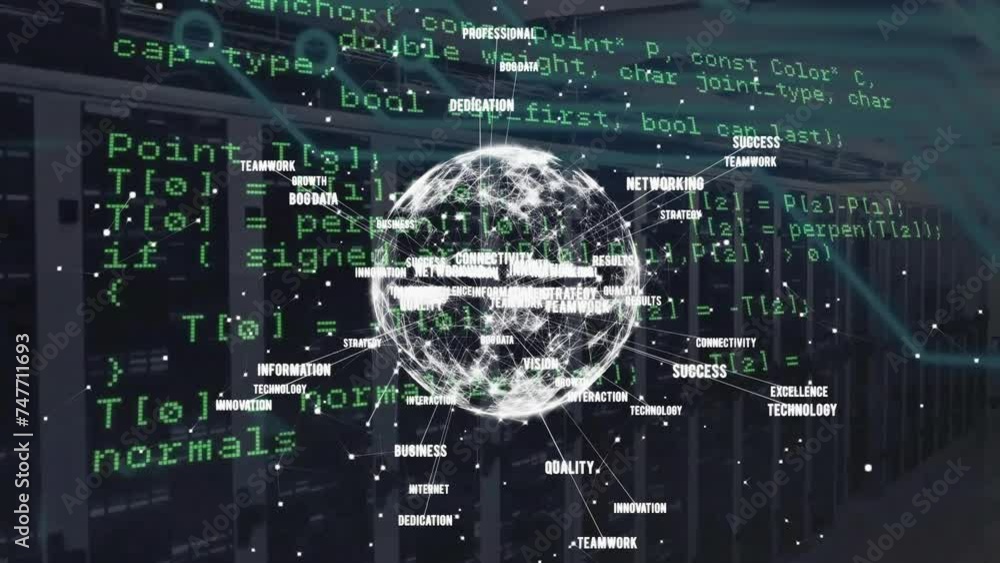 Poster animation of financial data processing over network of connections with globe and servers
