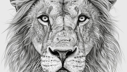 A highly detailed pencil sketch portrays the intense gaze and intricate fur of a lion's face