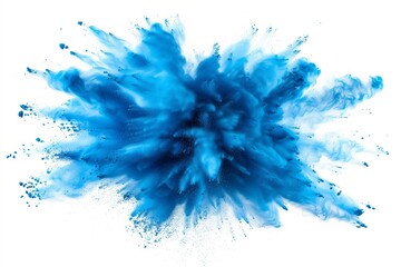 A dynamic and vibrant explosion of blue powder creating an abstract cloud, isolated on a white background, evoking a sense of motion and energy.

 - obrazy, fototapety, plakaty