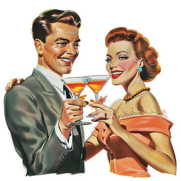 vector clipart from the 1950s Smiling man and woman raising a toast with cocktail glasses ad vintage stock image isolated white background PNG