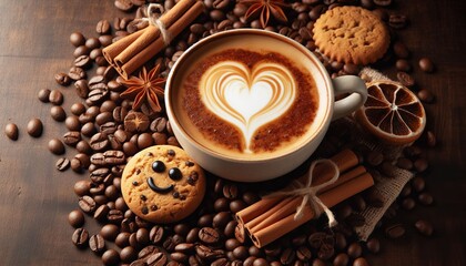 Cup of coffee with heart shape and cinnamon on table, top view