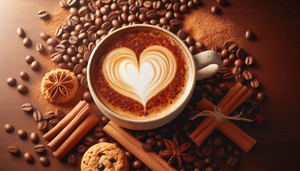 Fototapeta premium Cup of coffee with heart shape and cinnamon on table, top view