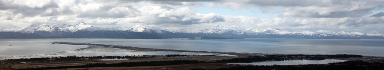 Coastal aerial sea landscape view of Homer Spit in Kachemak Bay in Alaska United States