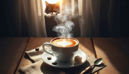 Fotobehang Cup of hot coffee with ginger cat on the window sill. © Shamim Akhtar