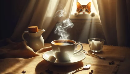 Selbstklebende Fototapeten Cup of hot coffee with ginger cat on the window sill. © Shamim Akhtar