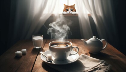 Cup of hot coffee with ginger cat on the window sill. - Powered by Adobe