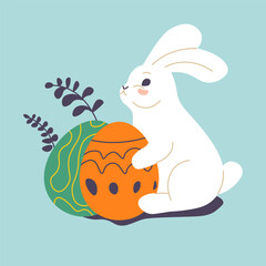 Bunny with decorated eggs, holiday celebration