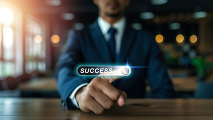 Word "SUCCESS" on virtual screen with button or tab switch, pressing by self confidence businessman in formal suit in office or restaurant background. Business market, goal success concepts.
