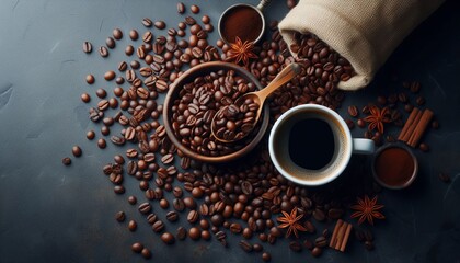 Coffee cup and coffee beans on dark background. Top view