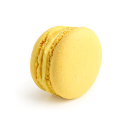 Sweet yellow macaroon on white background