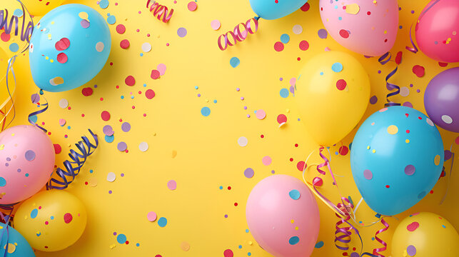  Birthday party bright pastel background with streamers on yellow background.  generative ai