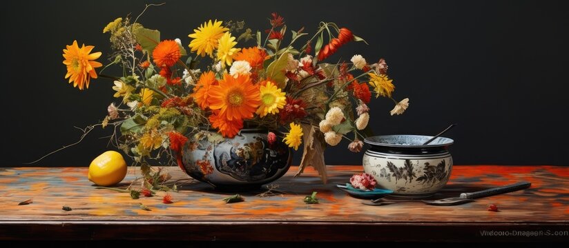 A bowl filled with assorted fruits and a vase of colorful flowers are arranged neatly on a wooden table, creating a classic still life composition.
