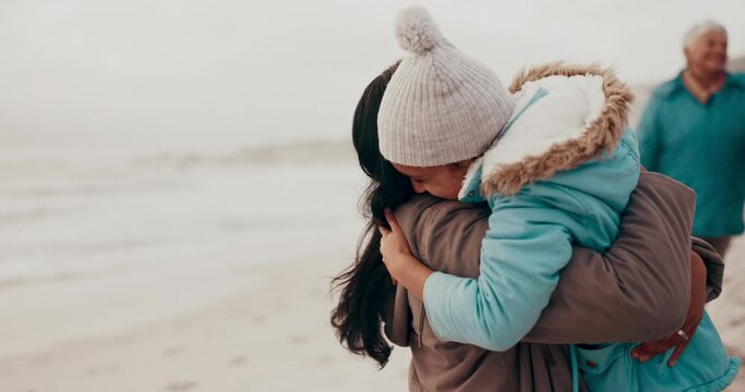 Seaside, hug and mother with girl, love and happiness with nature and vacation with journey. Family, parent and mama with daughter and embrace with support and beach with care, adventure or traveling