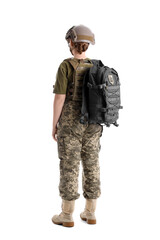 Young female soldier isolated on white