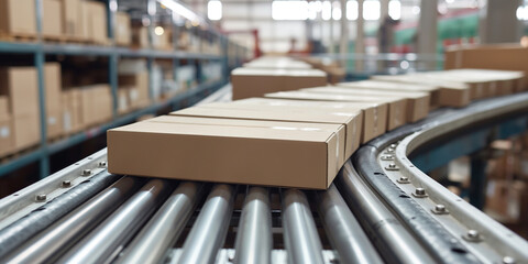 Boxes on roller conveyor belt in warehouse.3D rendering,Boxes on conveyor belt in warehouse,...