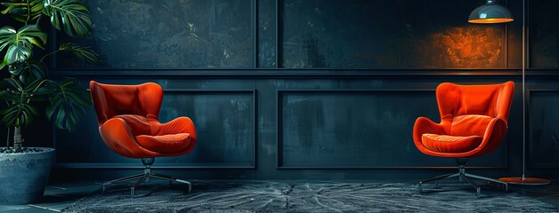 two chairs and microphones in podcast or interview room isolated on dark background. recording studio. - obrazy, fototapety, plakaty